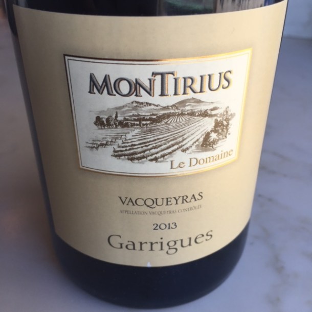 Montirius Garrigues Vacqueyras 2013 - meat, tarragon, grass and brown dirt with a lot more tannins. $18